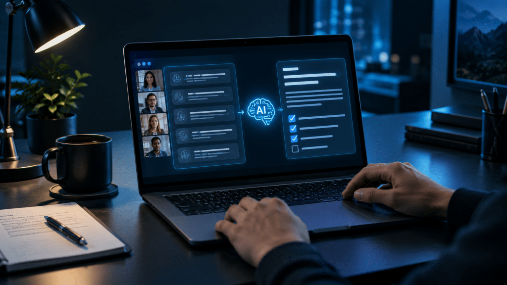 Laptop showing an AI meeting transcript transformed into a summary and action checklist