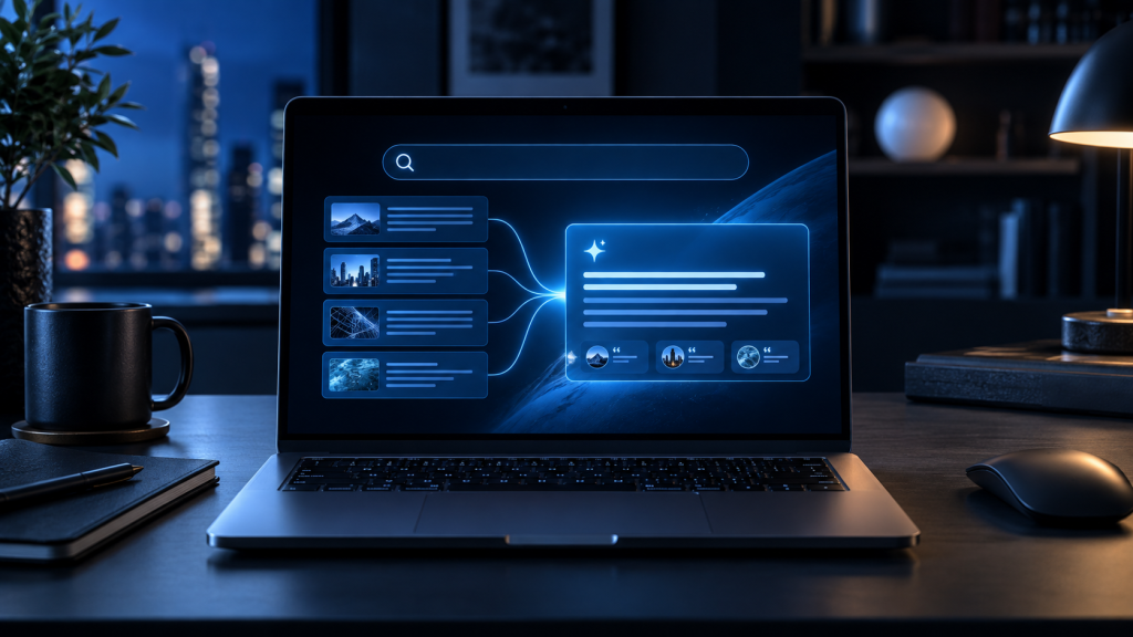 Laptop showing AI search combining source cards into a cited answer