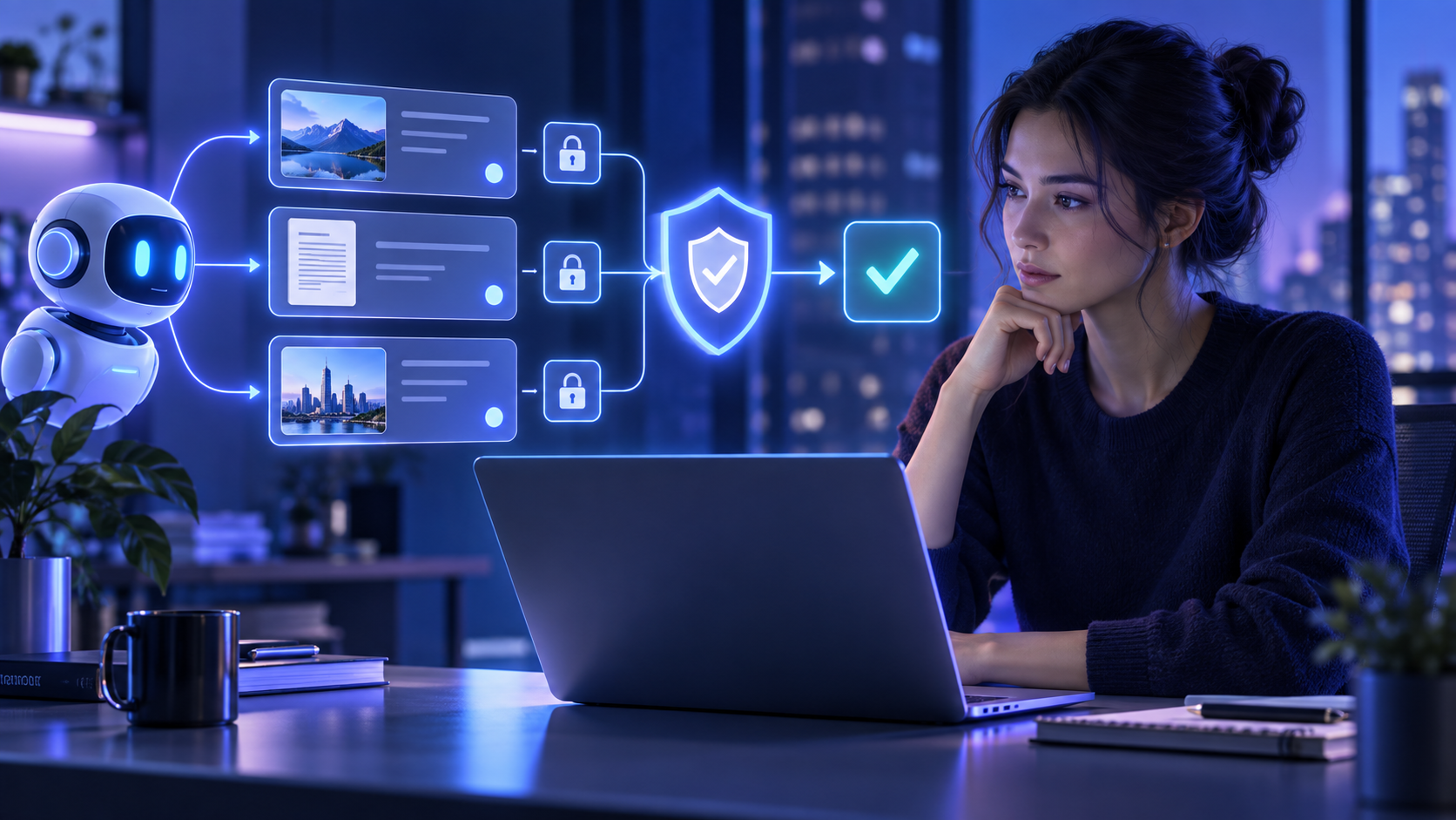Person reviewing AI search agent permissions, source citations and privacy checks