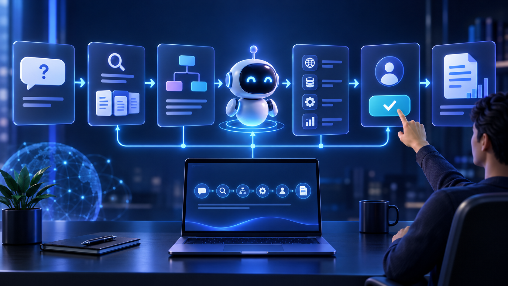 AI search agent workflow showing question, retrieval, planning, approval and final answer