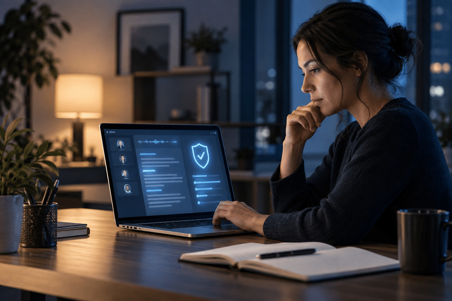 Professional checking an AI meeting transcript for privacy and accuracy