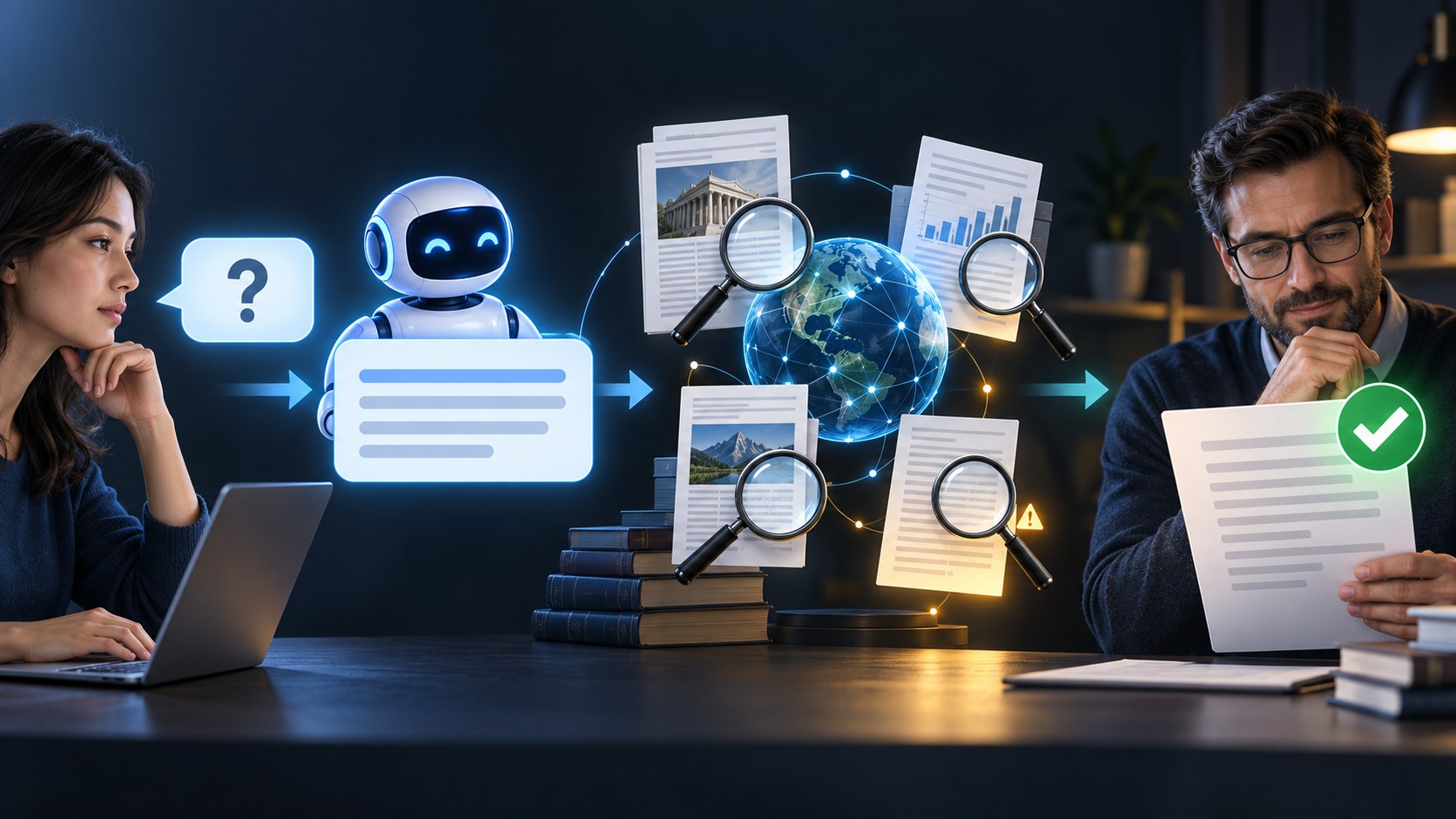 Workflow for checking an AI answer against trusted sources before human approval.