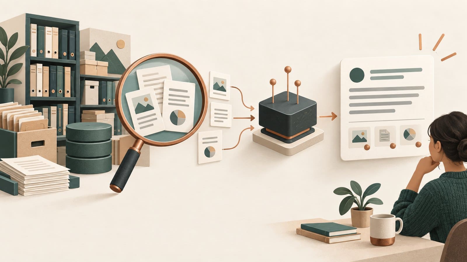 Illustration of RAG retrieving relevant documents and passing them to a language model before producing an answer