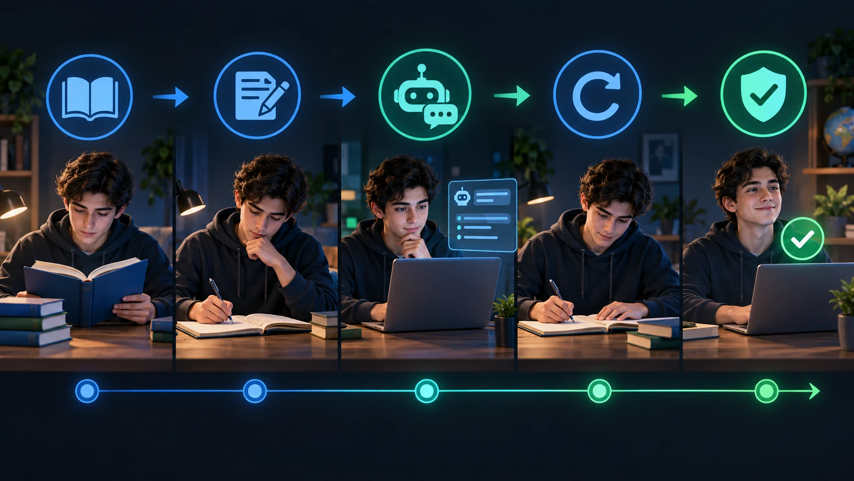 Five-step safe AI study workflow from course material to verified understanding
