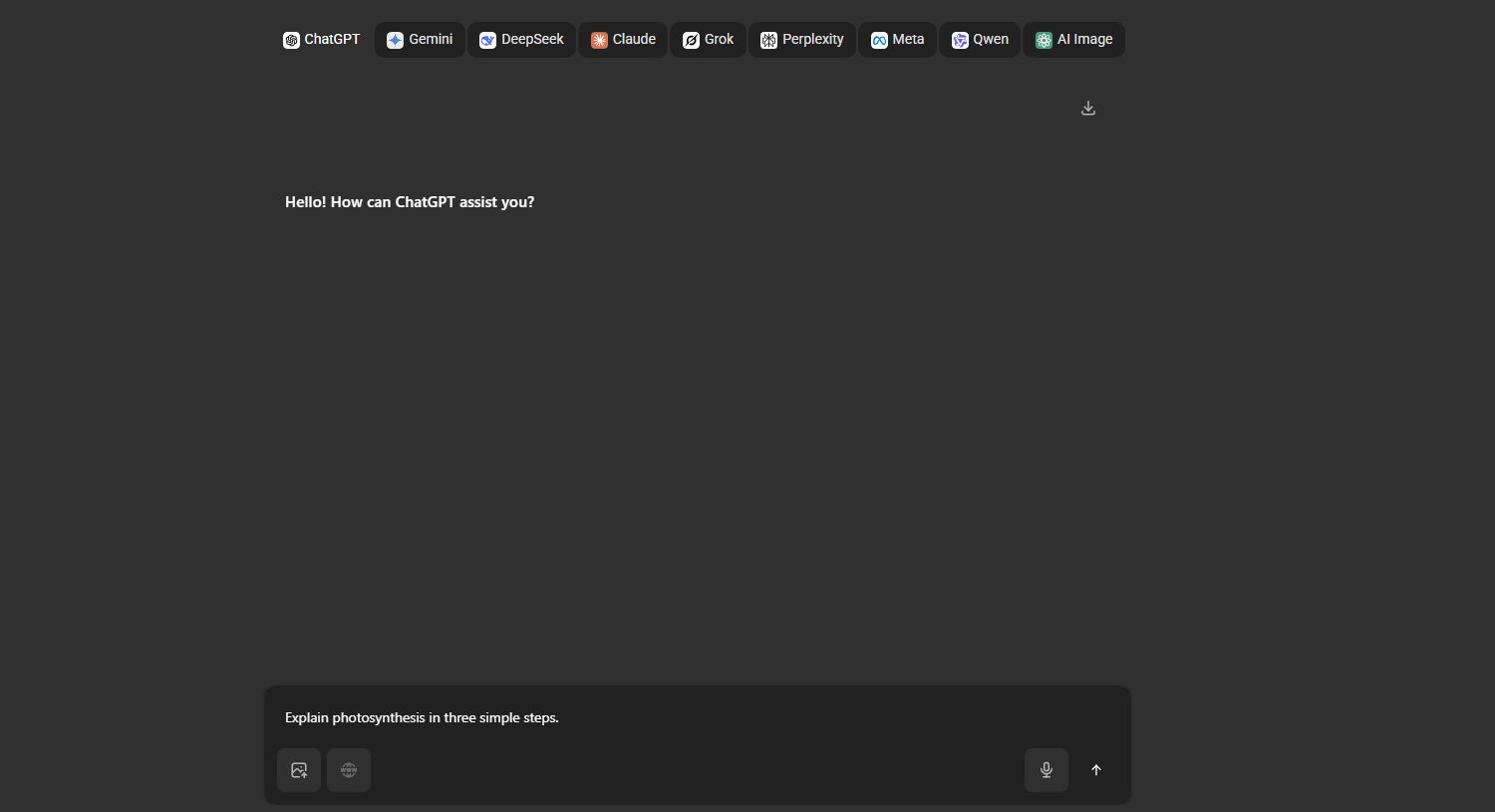 Unlimited AI chat interface showing ChatGPT, Gemini, DeepSeek, Claude and other model tabs above a sample prompt