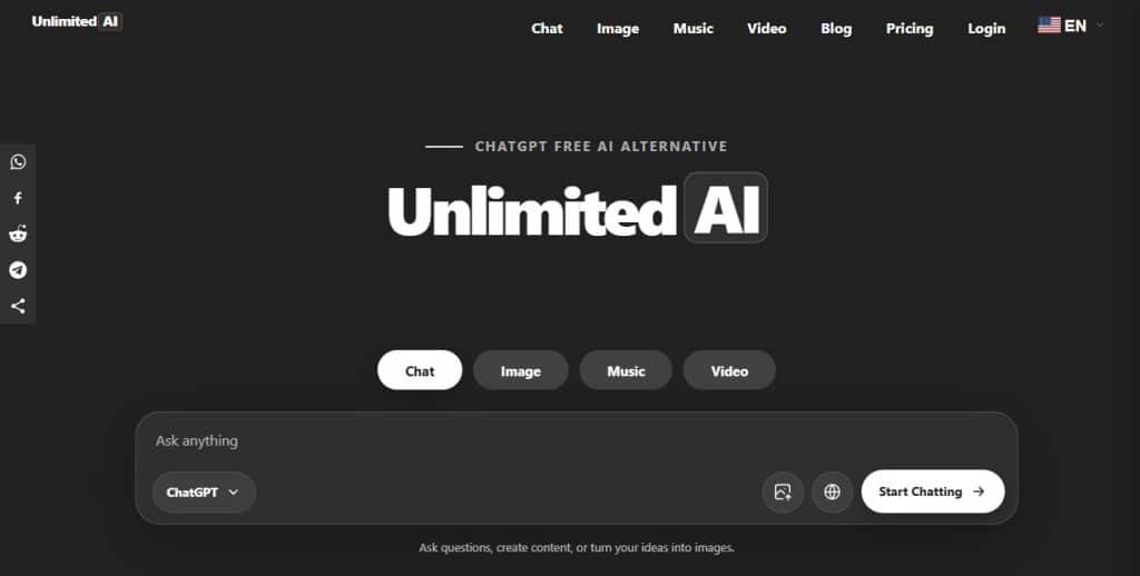 Unlimited AI homepage showing Chat, Image, Music and Video tabs and the AI chat prompt box
