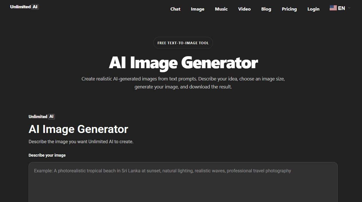 Unlimited AI Image Generator page showing the text prompt area for creating an AI image