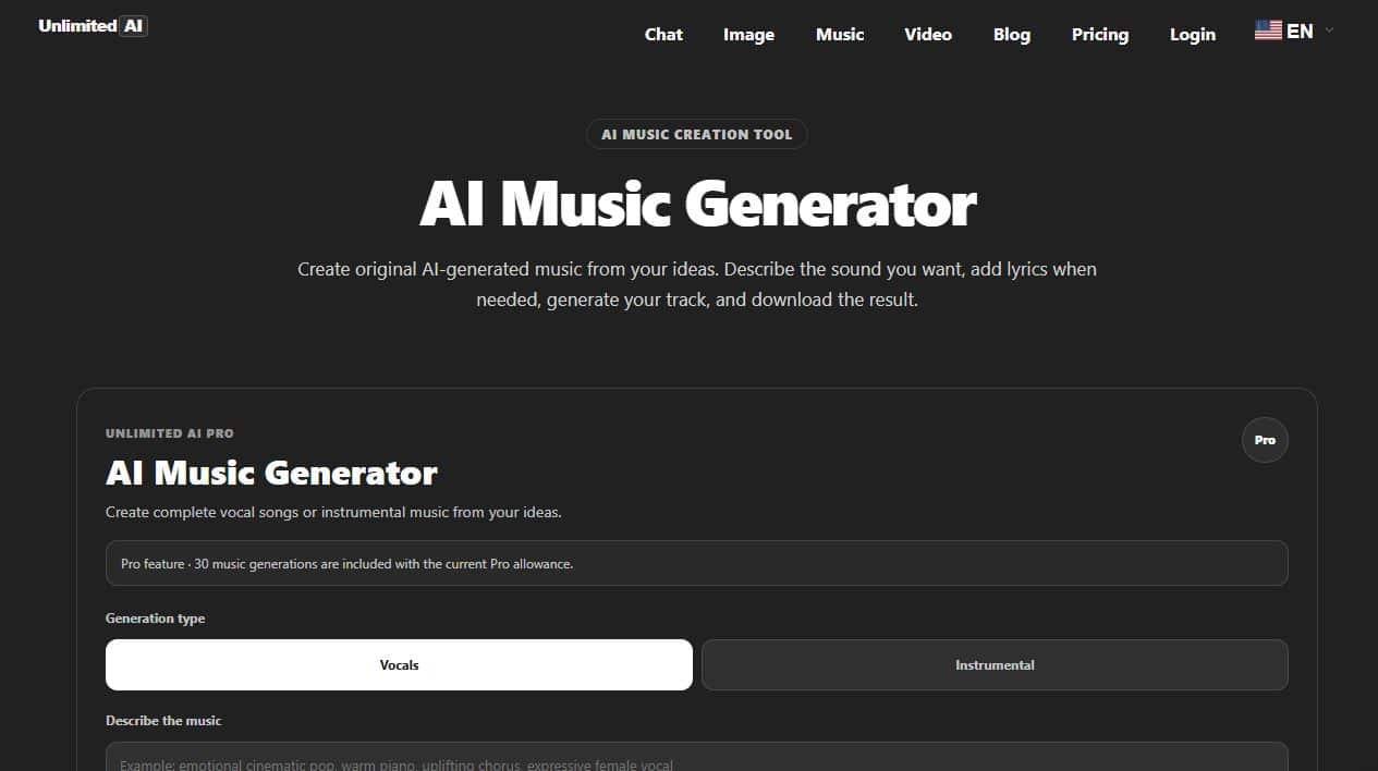 Unlimited AI Music Generator interface for entering an AI music prompt