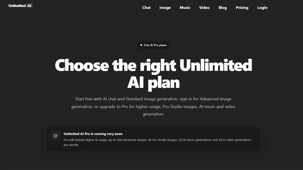 Unlimited AI pricing page showing the plan overview and current feature information