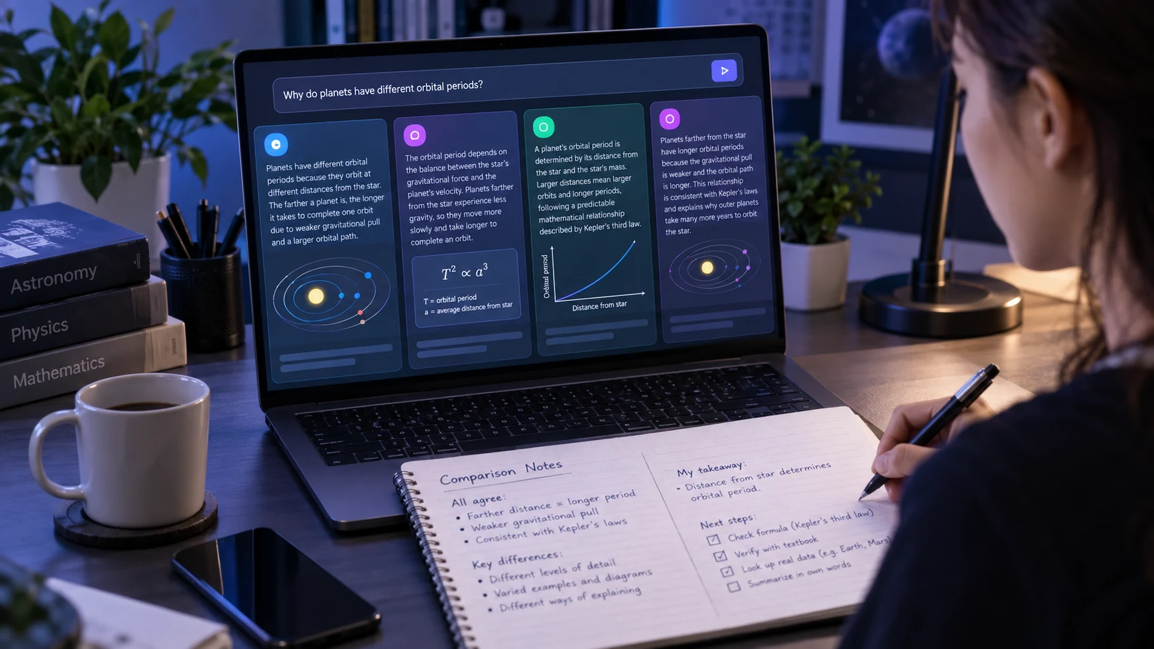 Student comparing AI explanations in Unlimited AI while studying