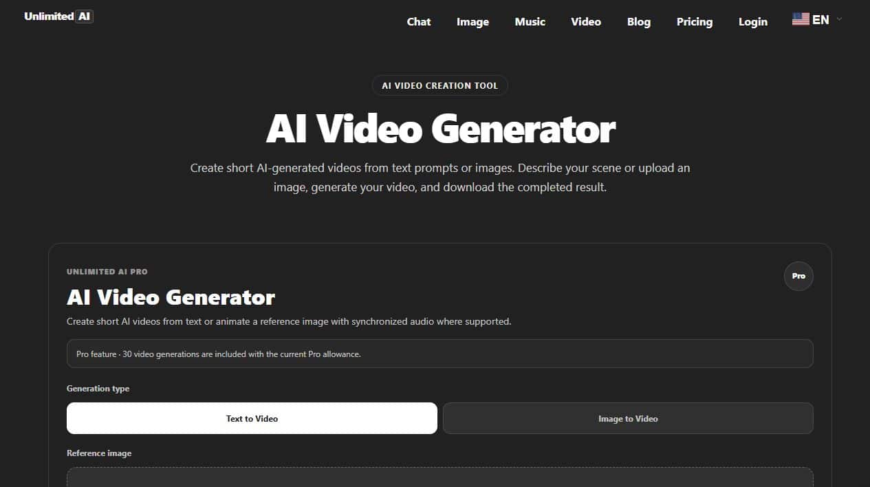 Unlimited AI Video Generator showing text-to-video and image-to-video options