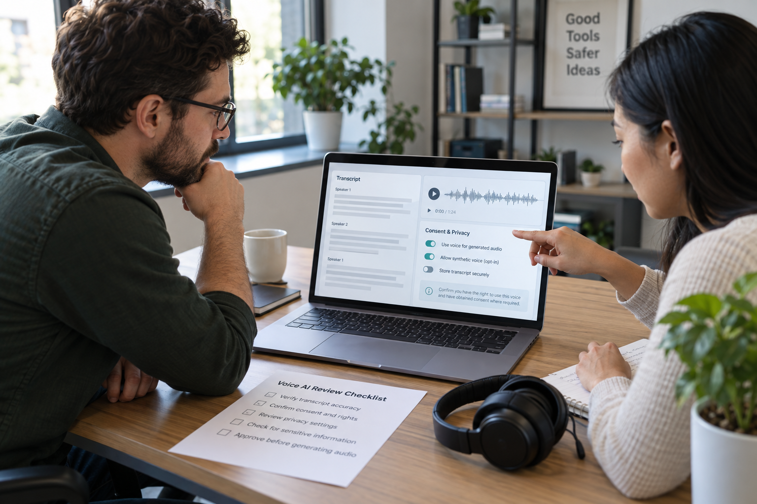 Colleagues reviewing a voice AI transcript, consent settings and privacy controls before using generated audio