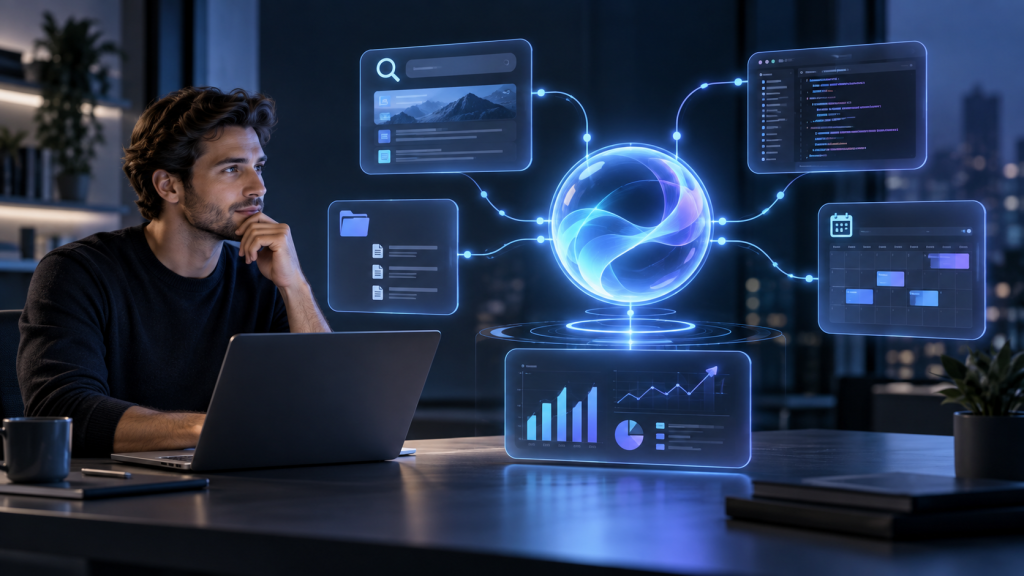 Human supervising an AI agent that connects to search, code, files, calendars and analytics.