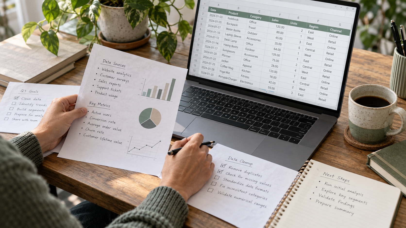 Person organizing data notes beside a laptop with a structured spreadsheet before AI analysis