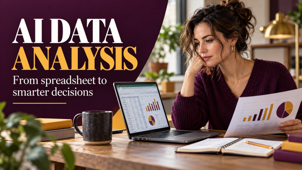 AI Data Analysis cover image with a person reviewing a spreadsheet and chart and headline text
