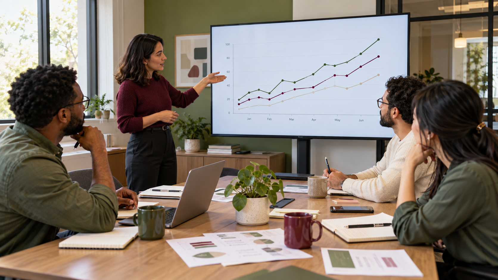Team discussing AI-assisted data analysis on a display with a line chart