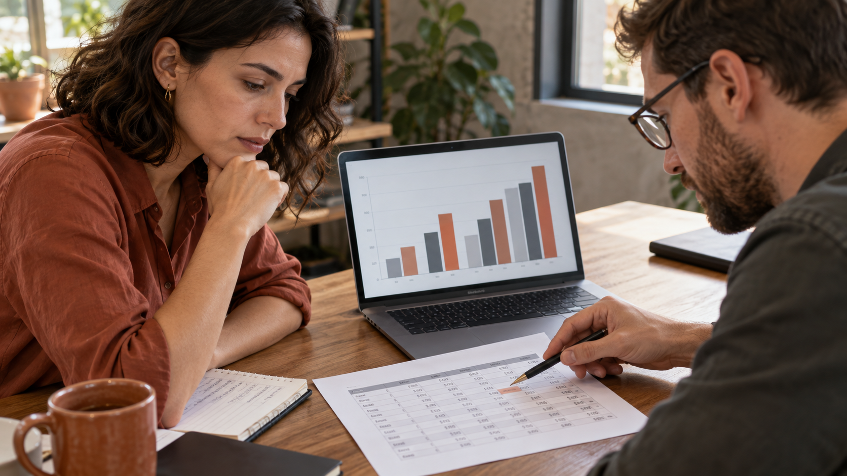 Two coworkers comparing an AI-generated bar chart with a printed source table