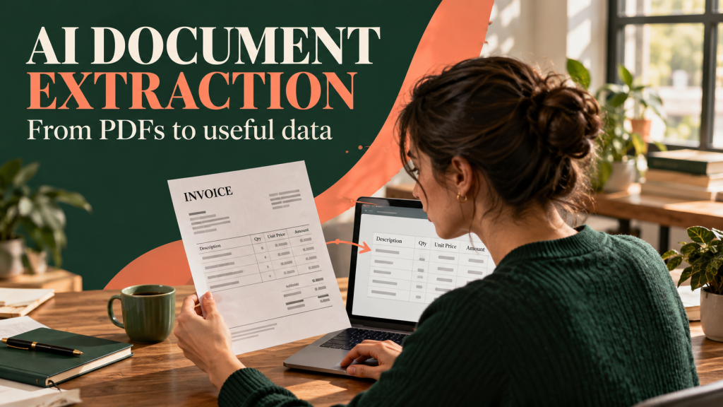 AI Document Extraction cover image with a person comparing a paper invoice and digital table
