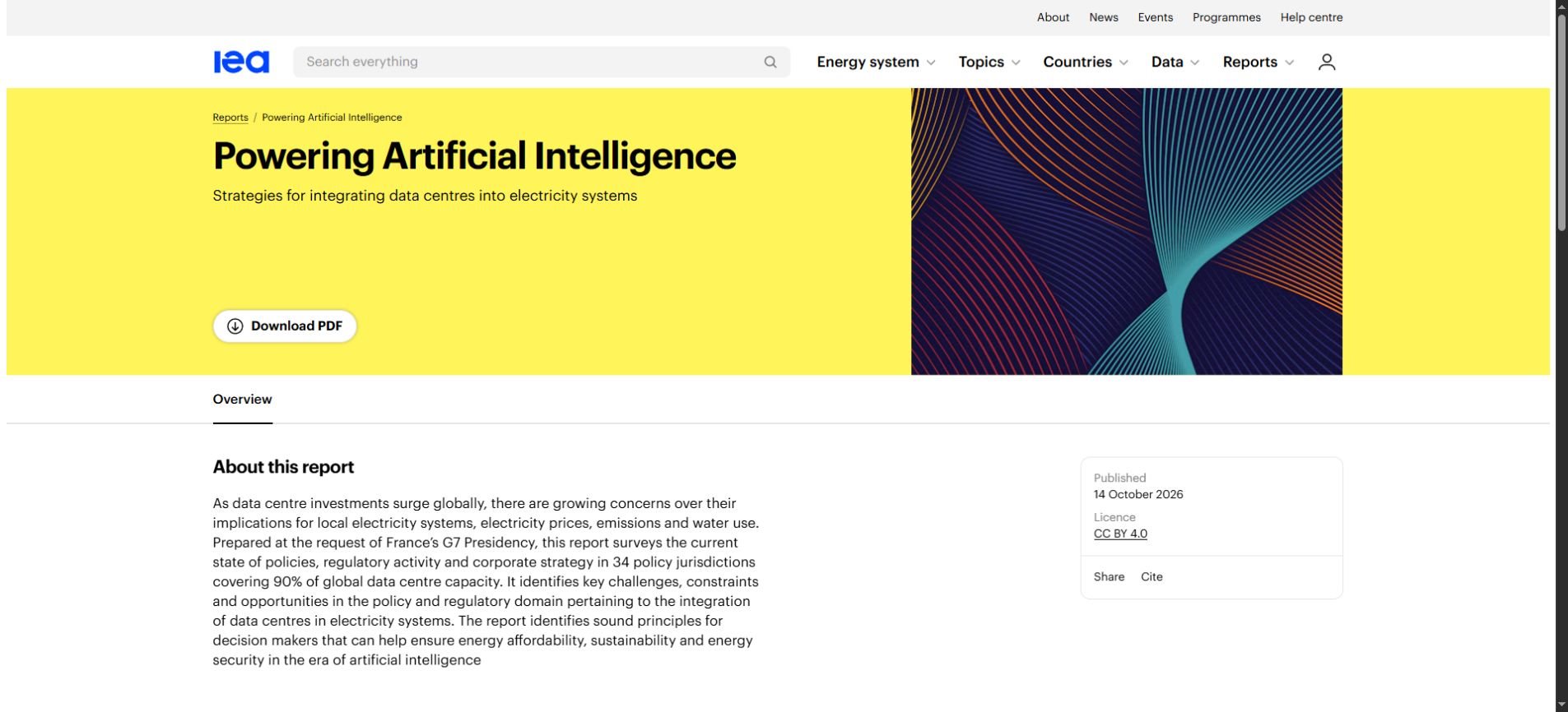 IEA Powering Artificial Intelligence report page published October 14, 2026