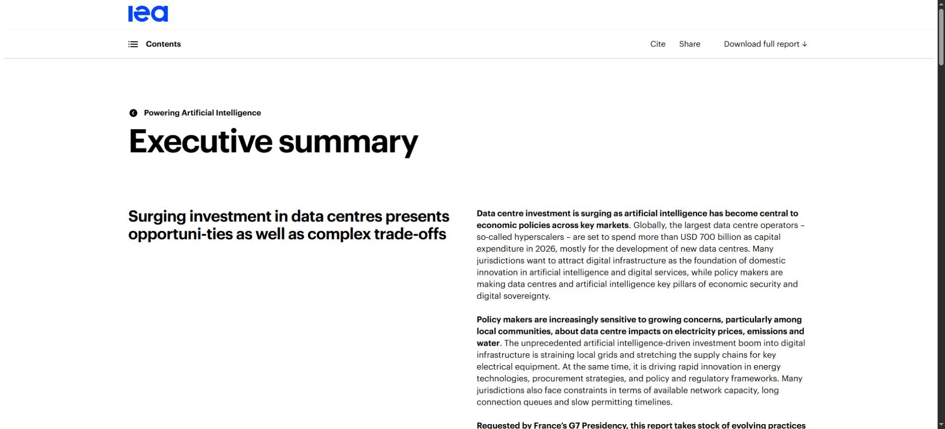 IEA executive summary explaining investment and electricity-system trade-offs for AI data centers