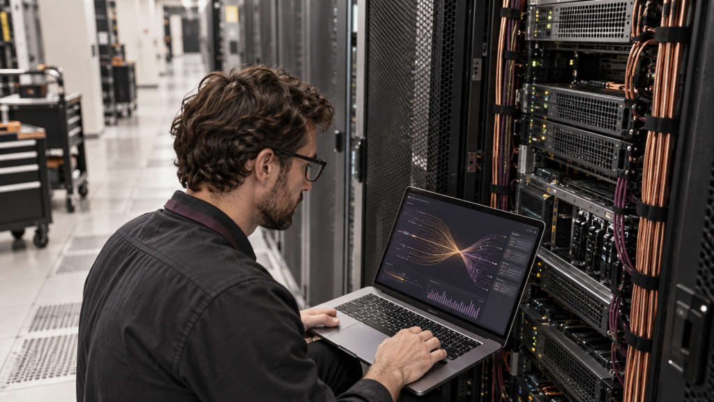 Infrastructure engineer reviewing a laptop beside server racks that process AI inference requests