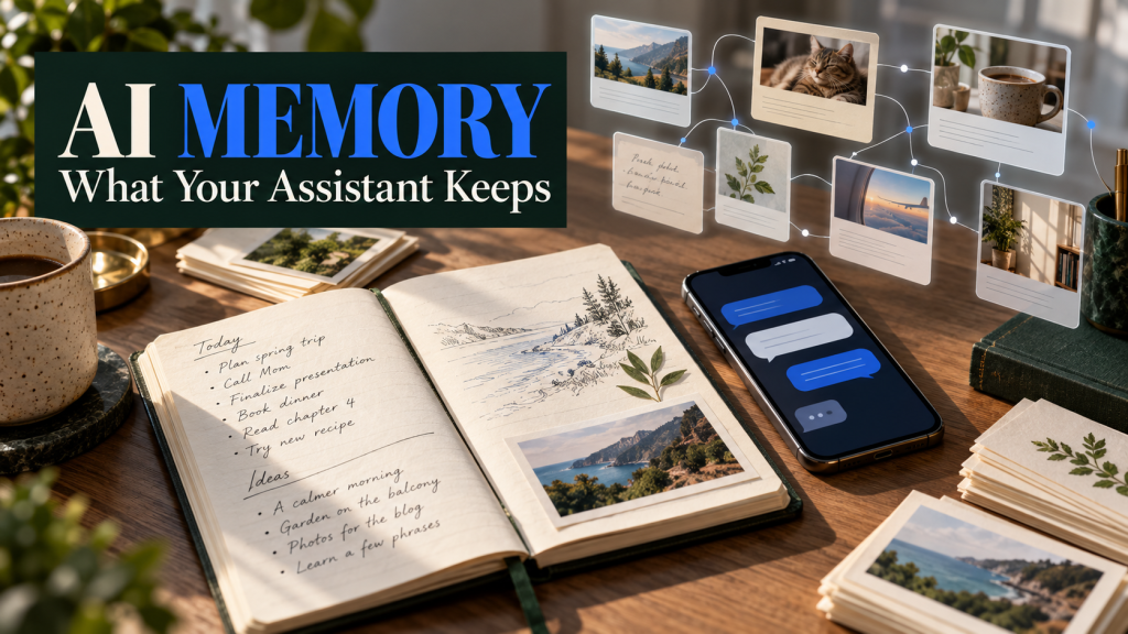 AI Memory feature image with a notebook, assistant chat and connected memory cards under the title AI MEMORY