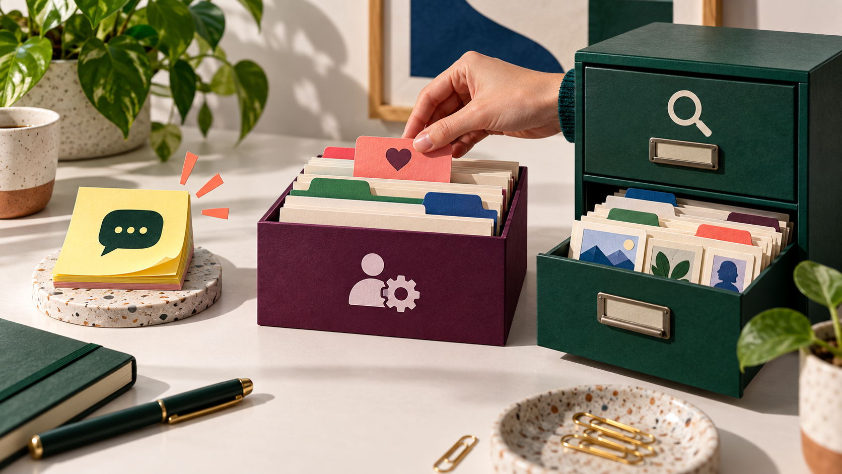 Editorial image showing notes, a file box and an archive drawer to explain layers of AI assistant memory