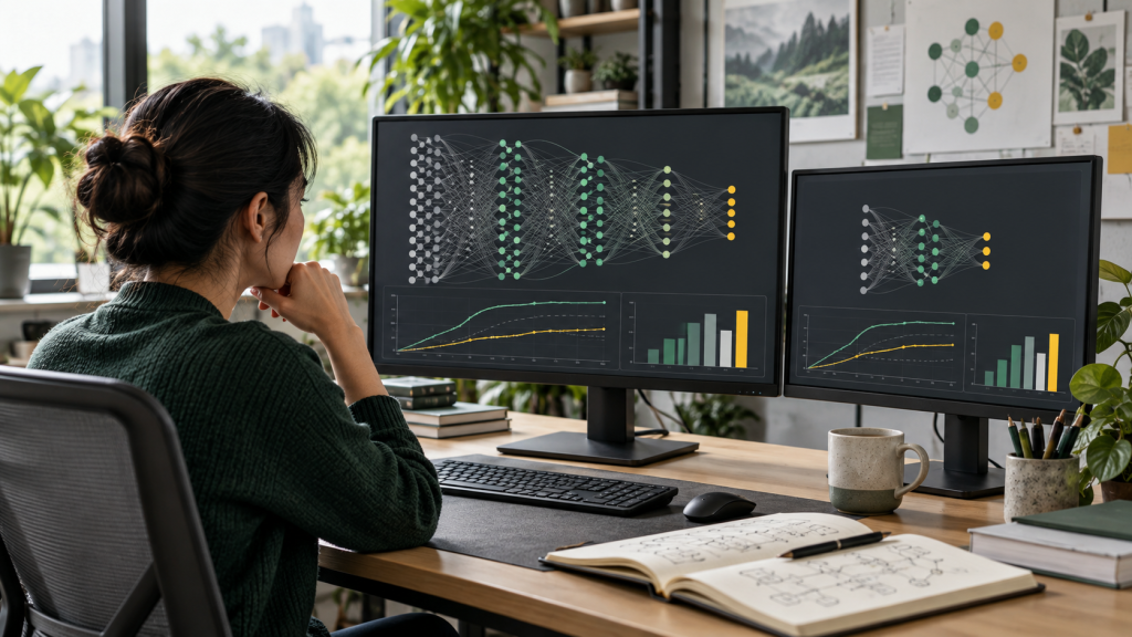 Researcher comparing a large teacher AI model with a smaller efficient student model on two monitors