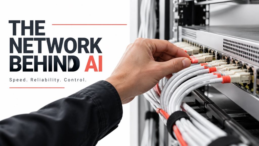 The Network Behind AI editorial cover showing a technician connecting cables to network equipment