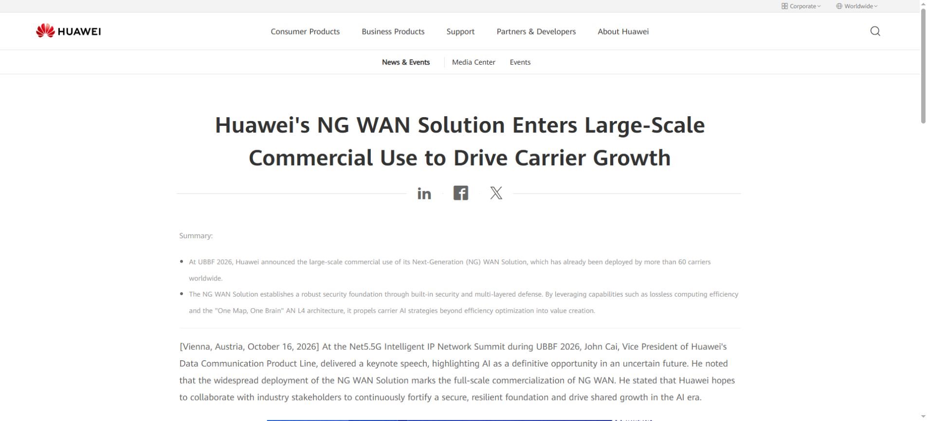 Huawei October 16, 2026 announcement of large-scale commercial use of its NG WAN solution