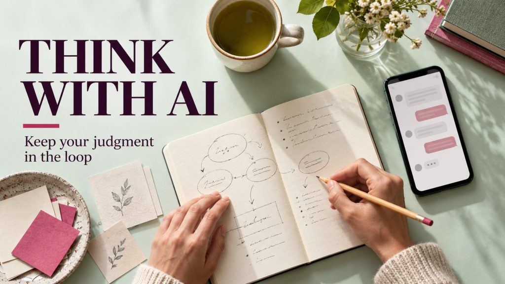 Think With AI editorial cover showing hands reasoning in a notebook beside a smartphone chat