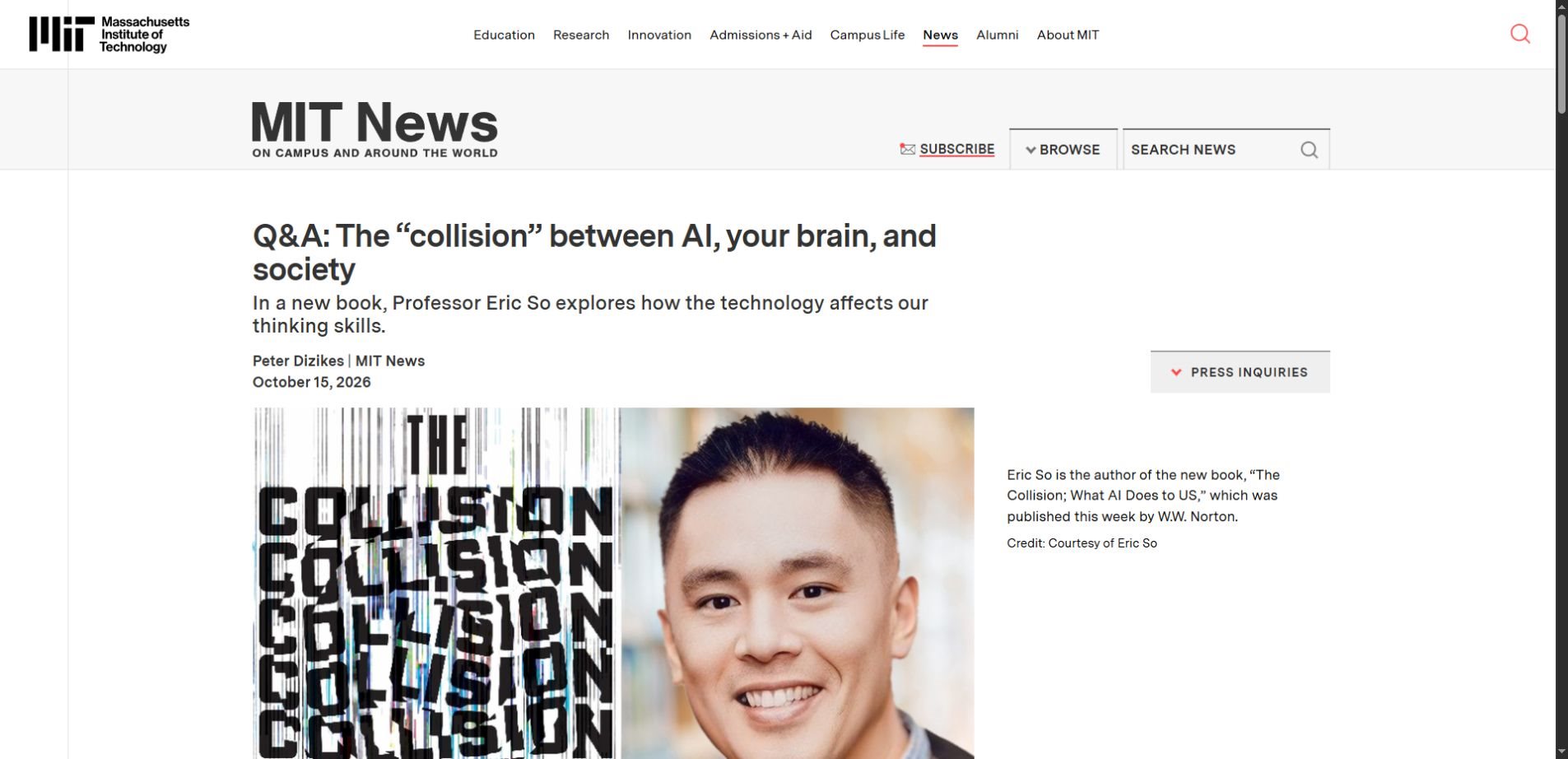 MIT News October 15 interview with Eric So about AI and thinking skills