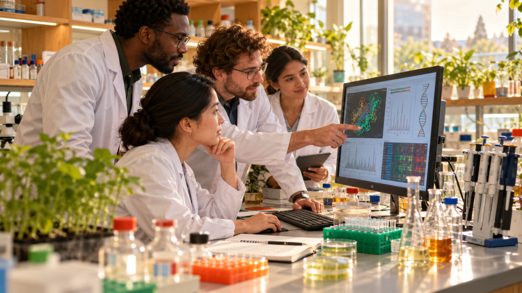 Scientists reviewing AI-assisted enzyme and DNA research results in a modern laboratory