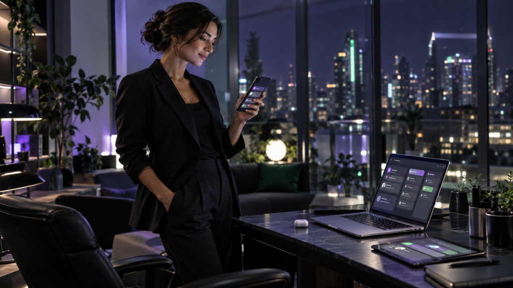 Professional reviewing an always-on AI agent coordinating recurring tasks across a phone and laptop