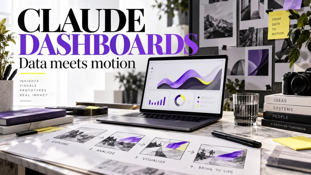 Claude Dashboards editorial cover with a laptop, charts and a visual storyboard