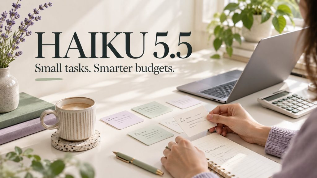 Claude Haiku 5.5 editorial cover with a laptop, calculator and task cards under the headline Small tasks. Smarter budgets.