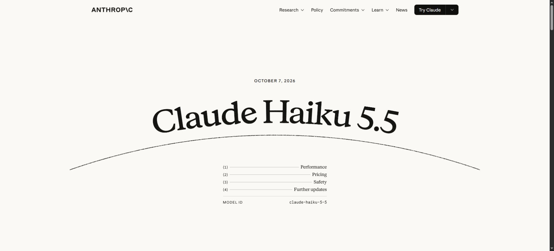 Anthropic Claude Haiku 5.5 launch page dated October 7, 2026
