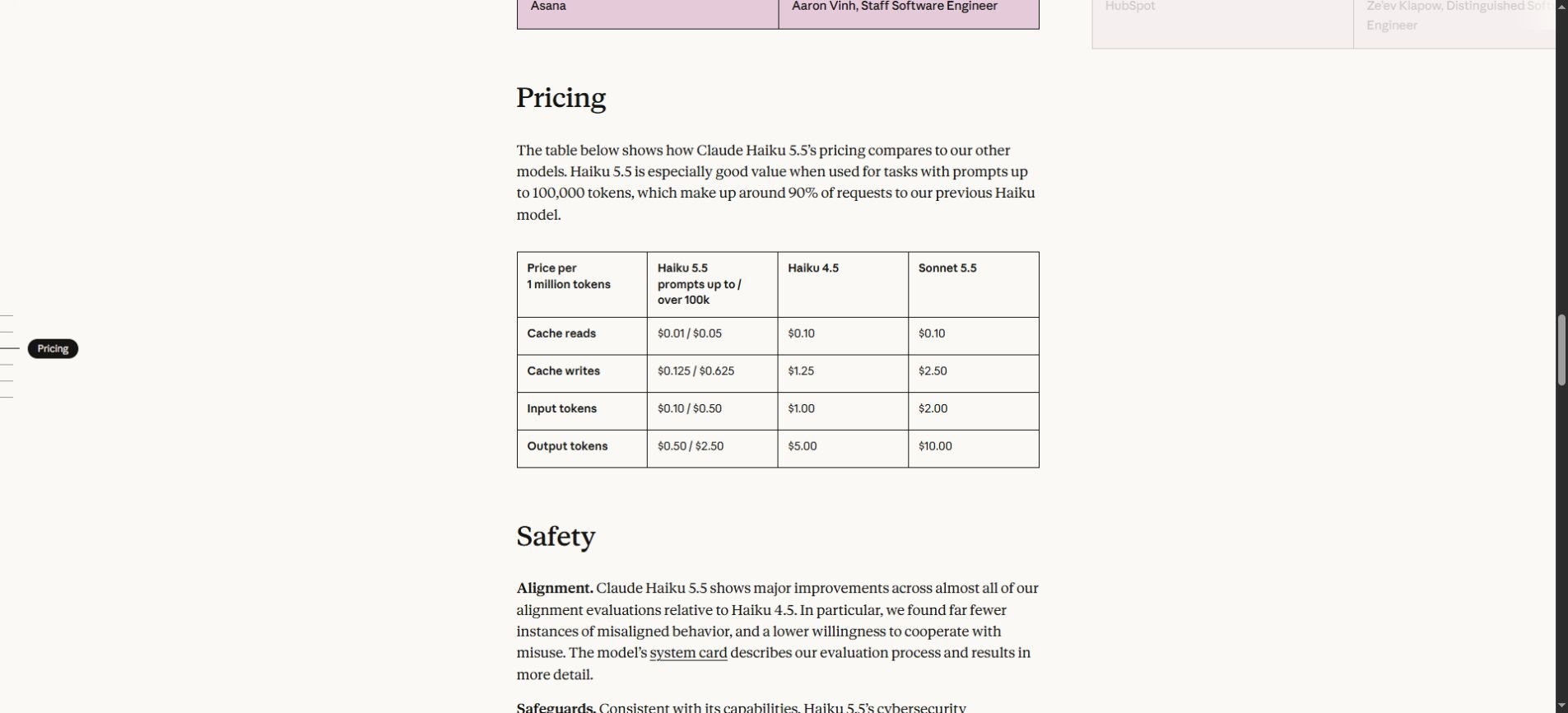 Claude Haiku 5.5 official pricing table showing input, output and cache token rates