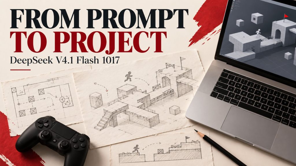 DeepSeek V4.1 Flash 1017 editorial cover with project sketches, game controller and From Prompt to Project headline