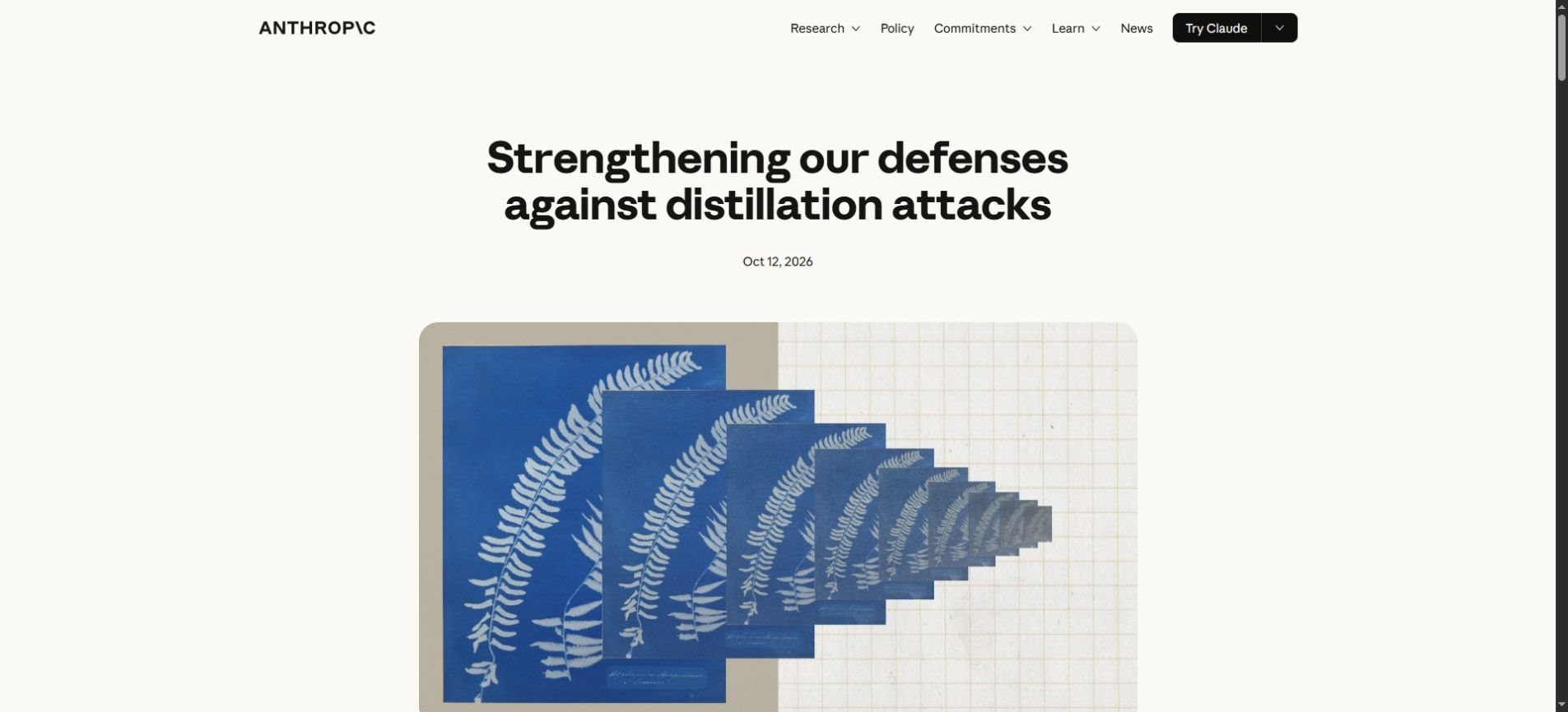 Anthropic research announcement on strengthening defenses against distillation attacks dated October 12, 2026