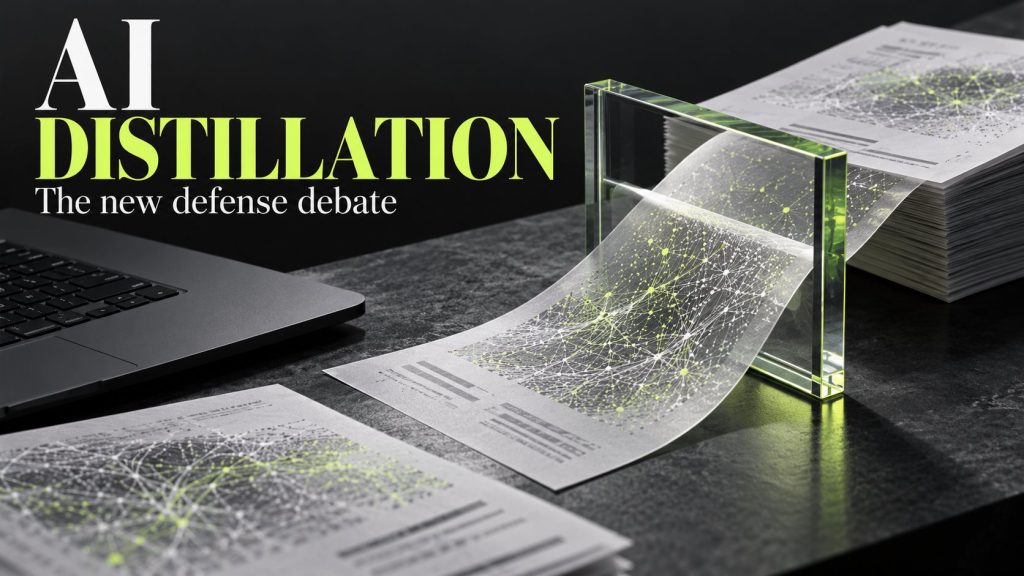 AI distillation editorial cover with lime typography and abstract document patterns passing through a glass checkpoint
