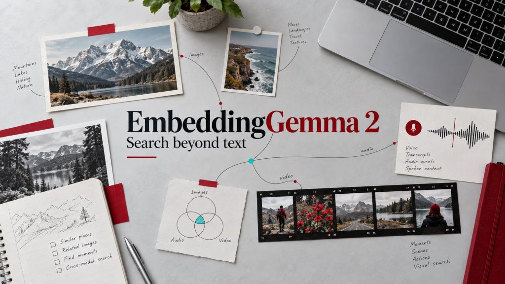 EmbeddingGemma 2 editorial cover connecting a laptop, photographs, audio and video