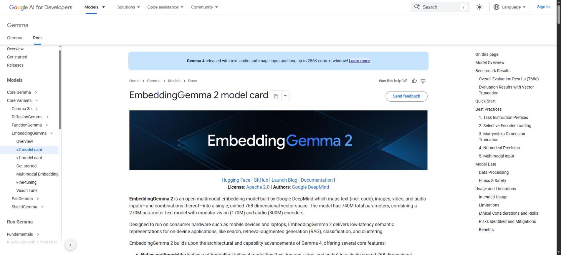 Google AI for Developers EmbeddingGemma 2 model card with specifications and implementation guidance