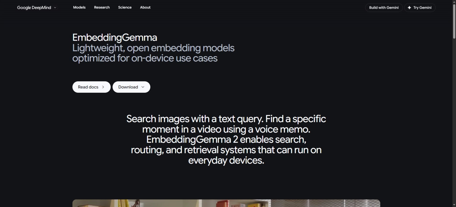 Google DeepMind EmbeddingGemma page describing cross-modal search on everyday devices