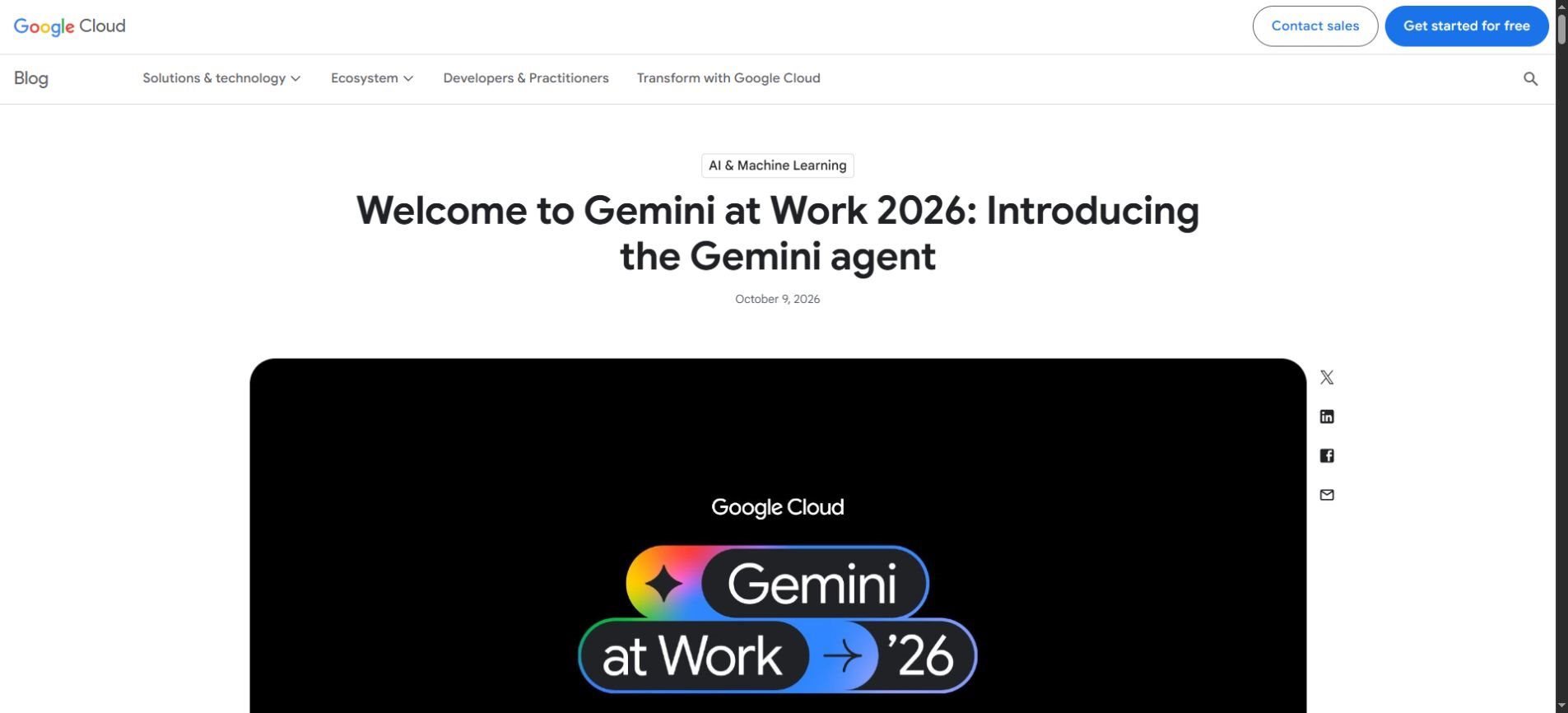 Google Cloud article announcing Gemini agent at Gemini at Work 2026