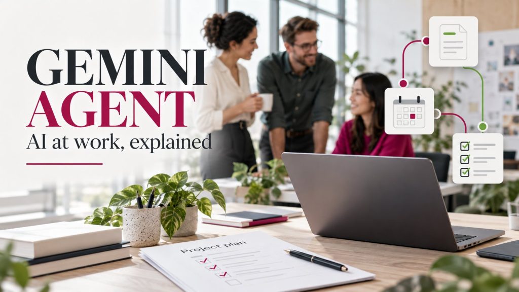Gemini Agent editorial cover with a laptop, connected work tools and office colleagues