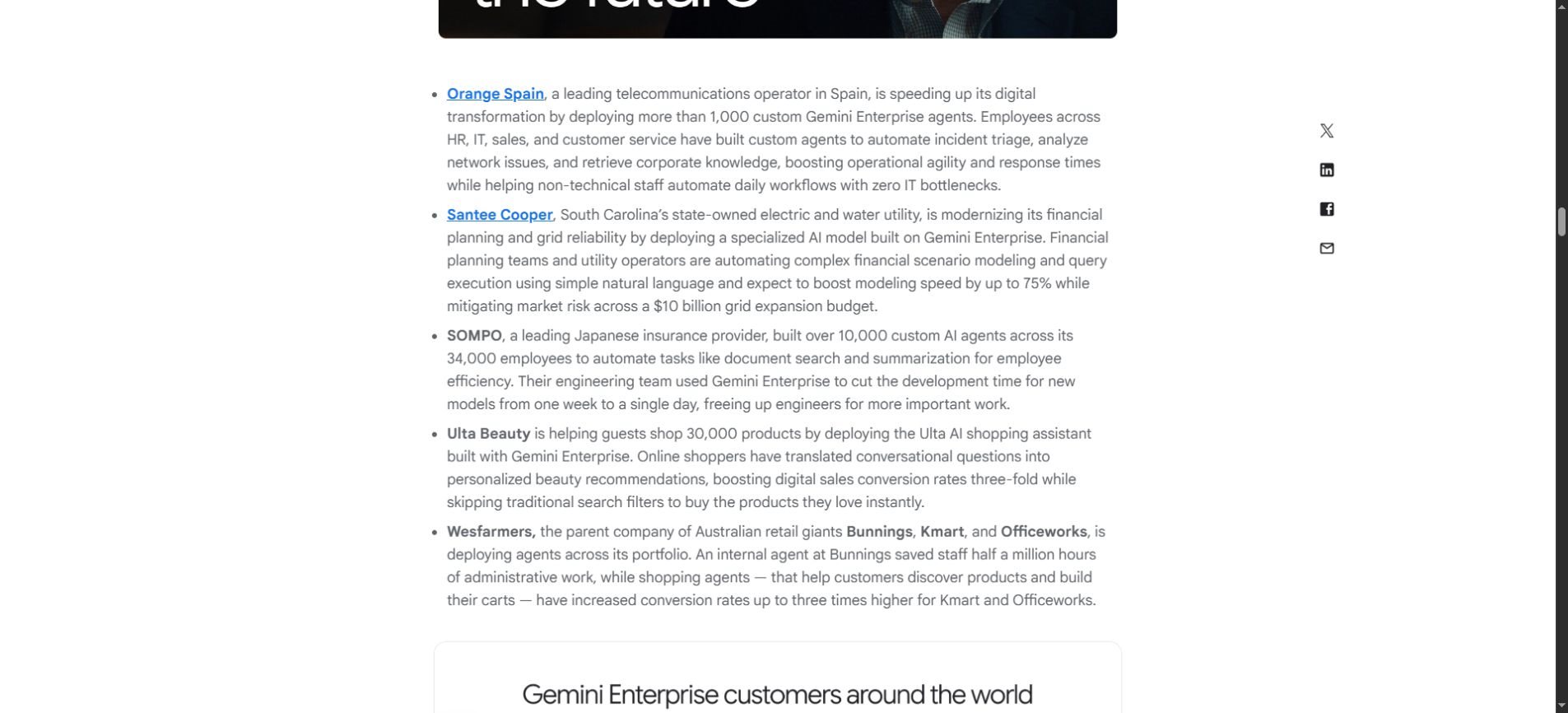 Google Cloud announcement showing customer examples of enterprise AI workflows