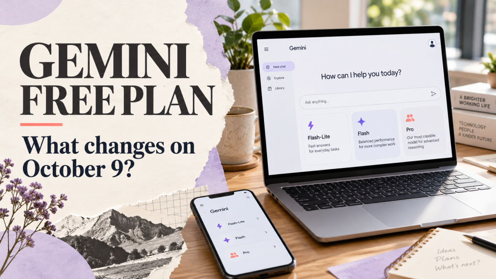 Editorial cover for Gemini free plan changes with a laptop, smartphone and Flash-Lite, Flash and Pro model cards