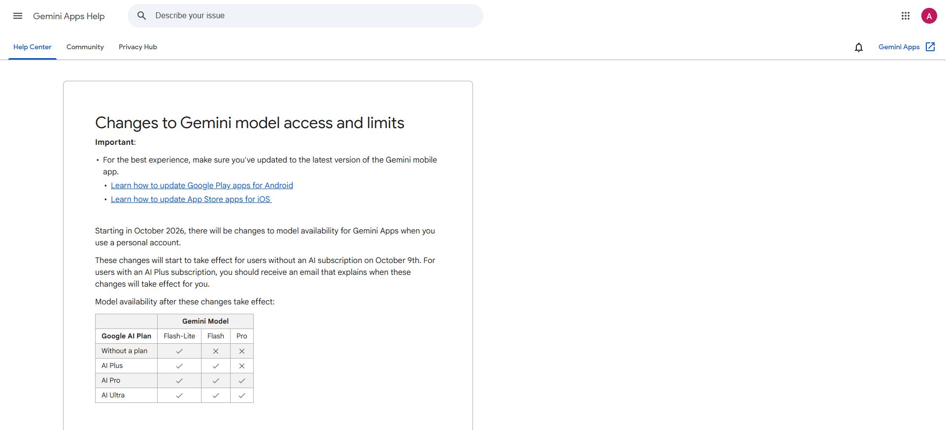 Google’s October 2026 Gemini model access table showing Flash-Lite on the free plan and Flash and Pro in paid tiers