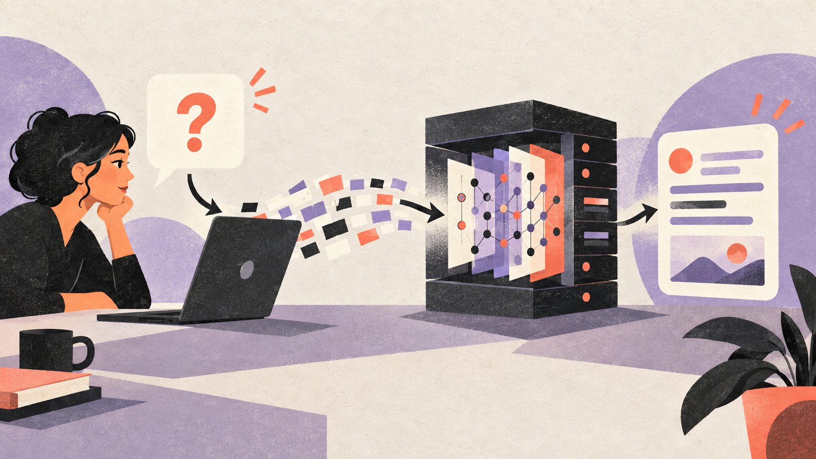 Illustration showing a question becoming tokens, passing through a trained AI model and returning an answer